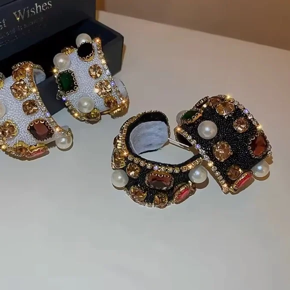 Glamorous Black & Gold Wide Cuff earrings with Emerald Crystals and Pearls - Picture 12 of 12